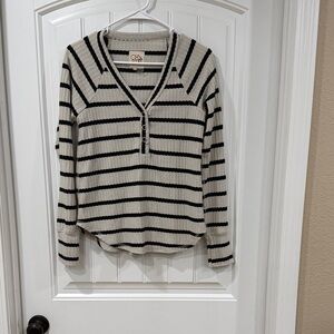 Chaser Cream Waffle Knit Henley with Black Stripes